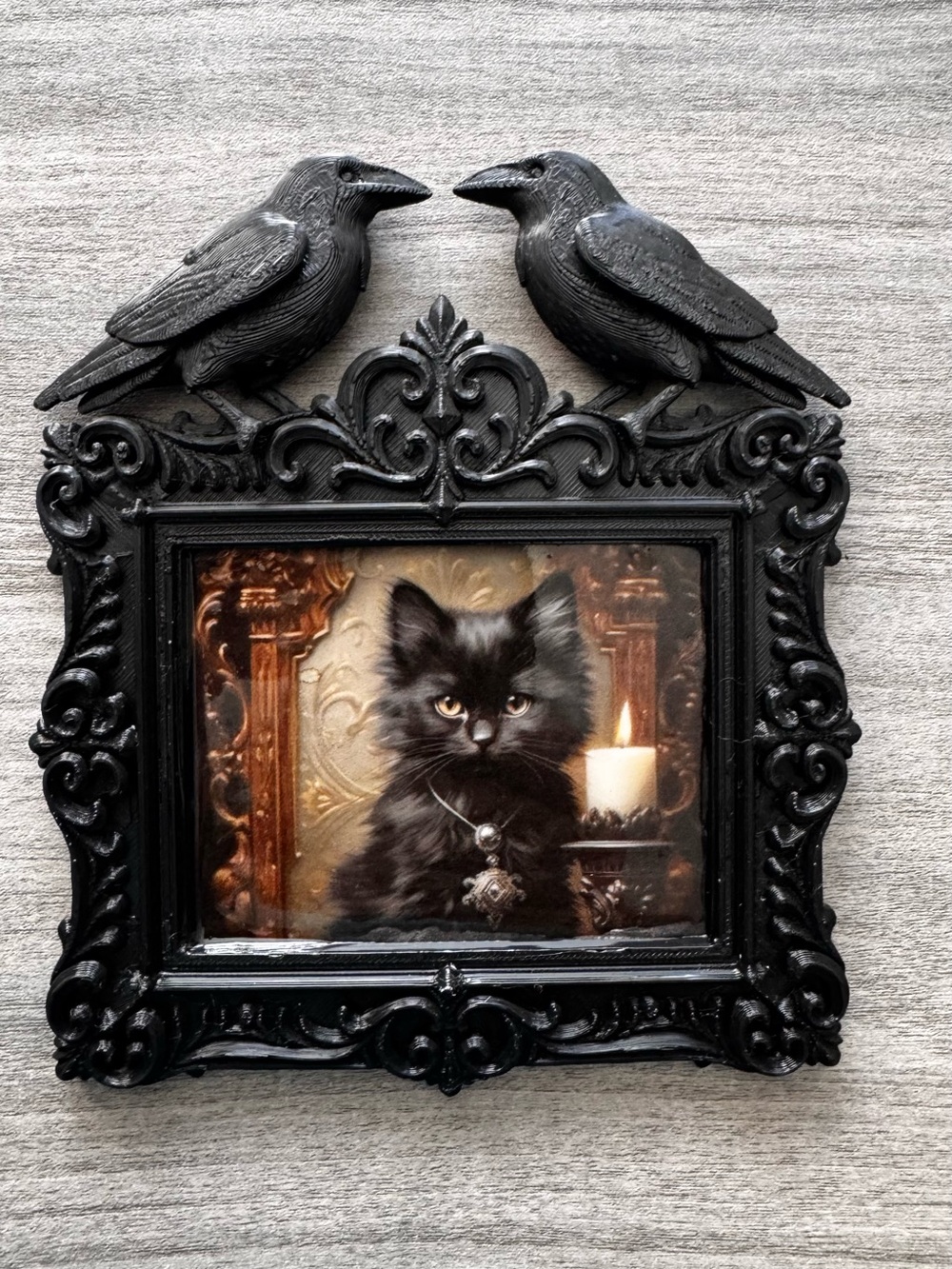 Handmade Black Cat print in 3D printed Raven Art Frame about 5“ x 6“